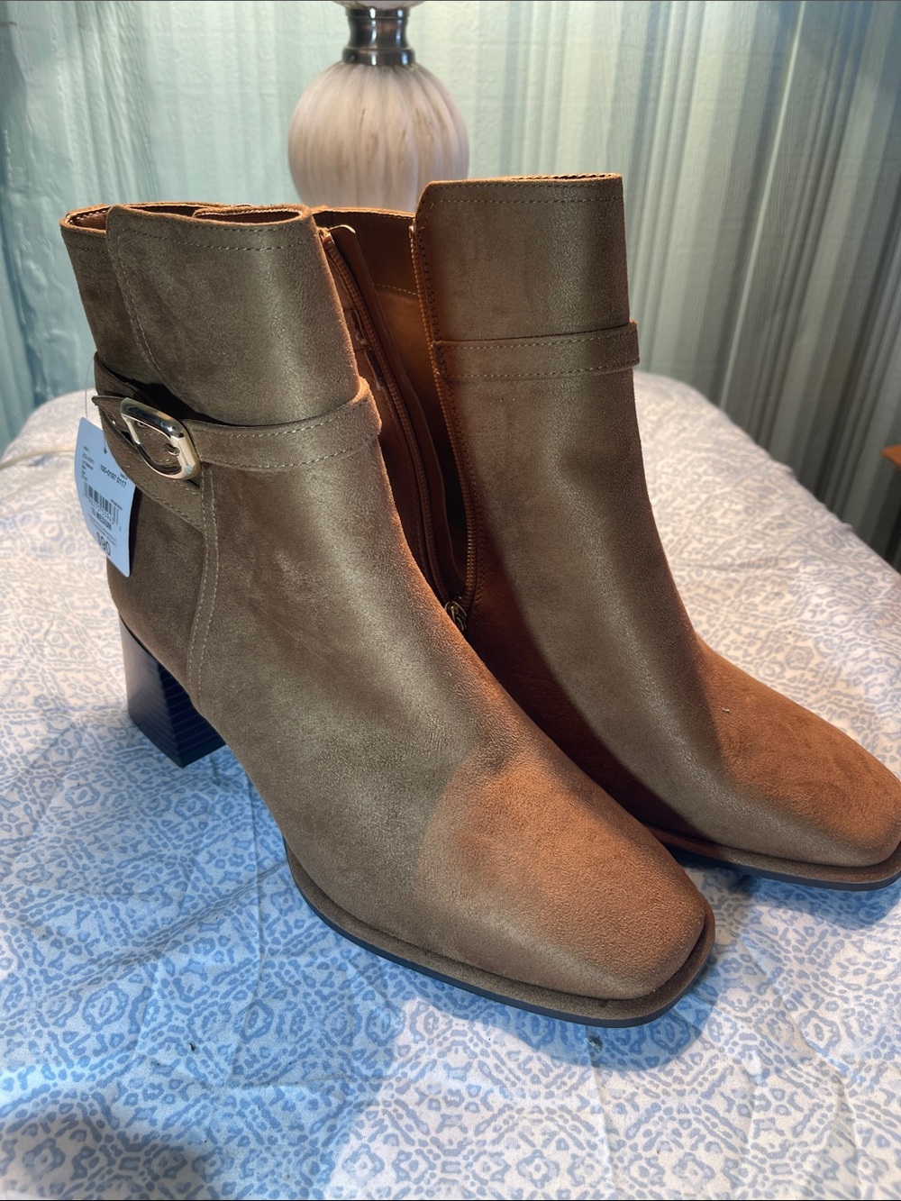 Liz Claiborne Gillis Tan Fuax Tan Suede Ankle Boots with Buckle Zip Back NWT 10